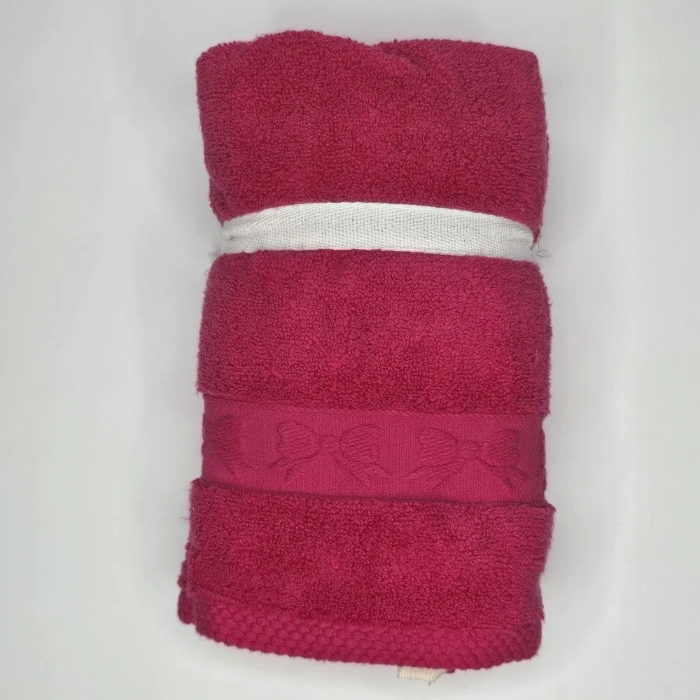 Laura Ashley 2pc Hand Towel Set Hot Pink Fuchsia Bow Embossed 16x30 OEKO-TEX New